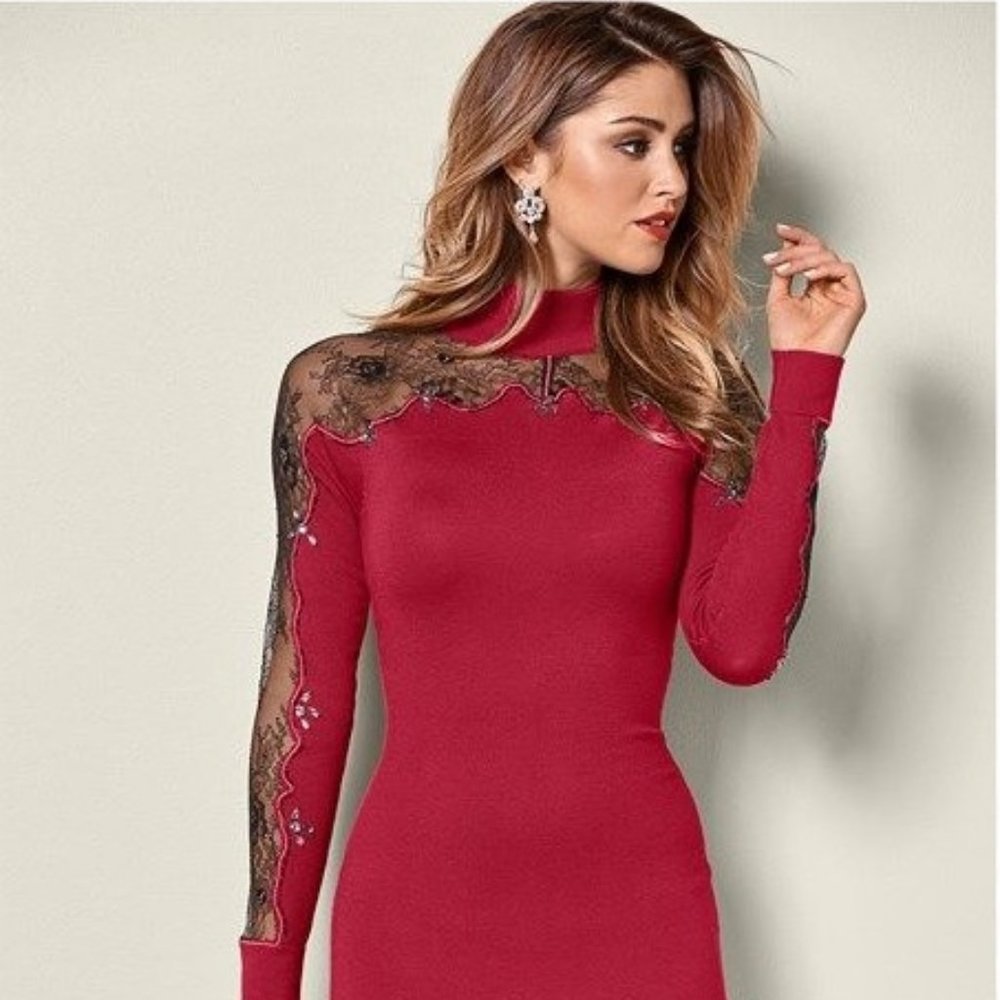 Red Sweater Dress with Black Lace and Jewels
